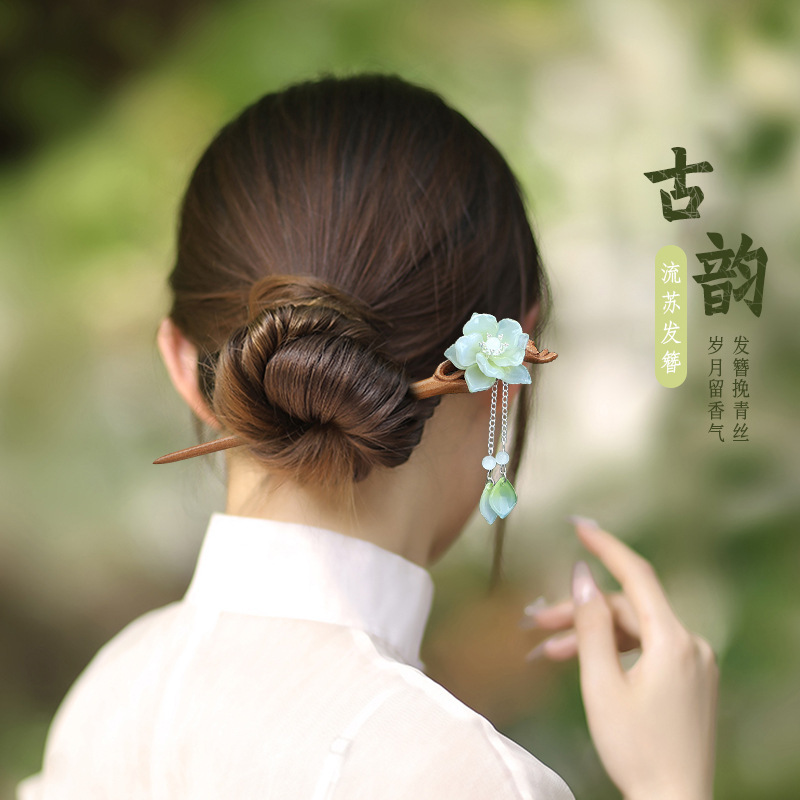 新しい中国風のピーチウッドヘアピン、タッセルサンダルウッドペンダントヘアピン、モダンでシンプルな古代スタイルの木製ヘアピン、ハイエンドのヘアピン|undefined