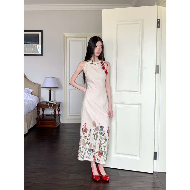 Real Shot of In-Stock Printed Sleeveless Dress for Women, Summer Long Dress, Detachable
