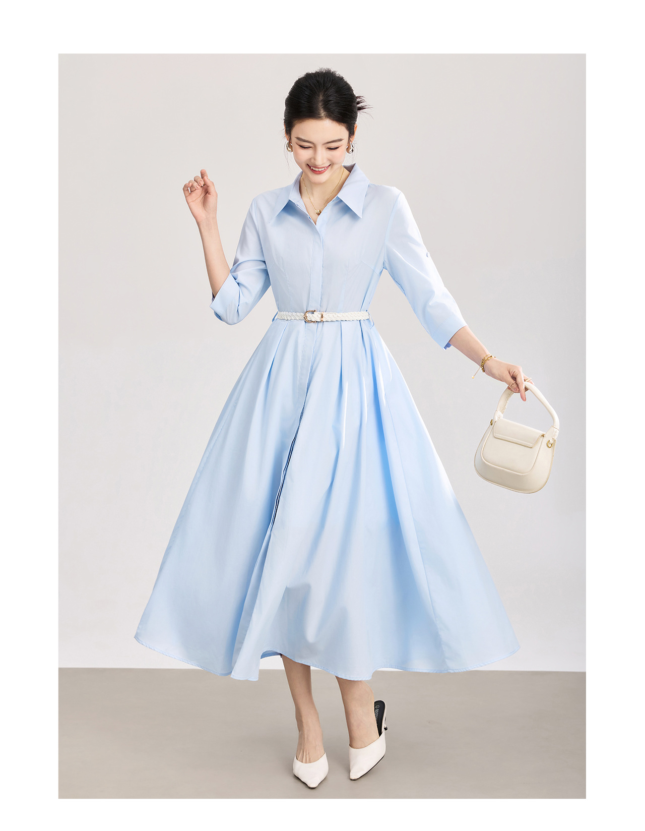 Đầm sơ mi nữ tay dài cổ ve, chất liệu tơ tằm pha cotton, dáng suông thoải mái — xanh lam chi tiết 13