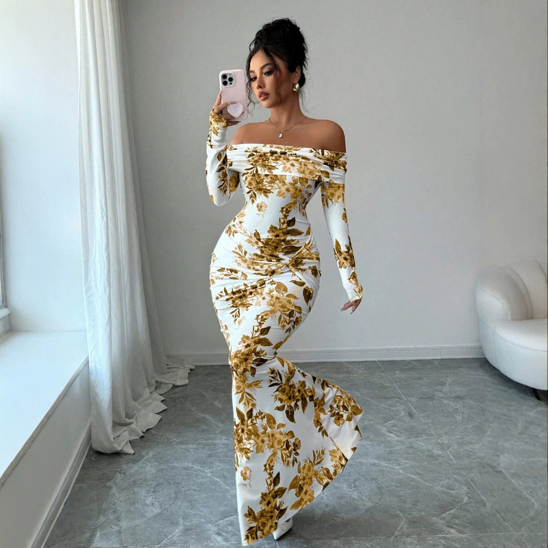 2025 Autumn New Resort Style Dress Printed Long Sleeve Slim Fit Fashionable