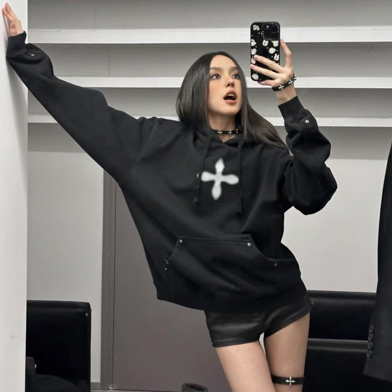 Spot Skmf Classic Cross Flower Graffiti Wilderness Wide Hoodie Ch006B1 Hooded Mid-Length Sweatshirt 24 Spring
