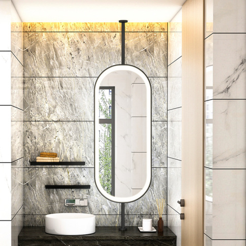 Bathroom ceiling-mounted elliptical lighted mirror for hotel guest rooms and homestays, with lighted sink and mirror-back painting
