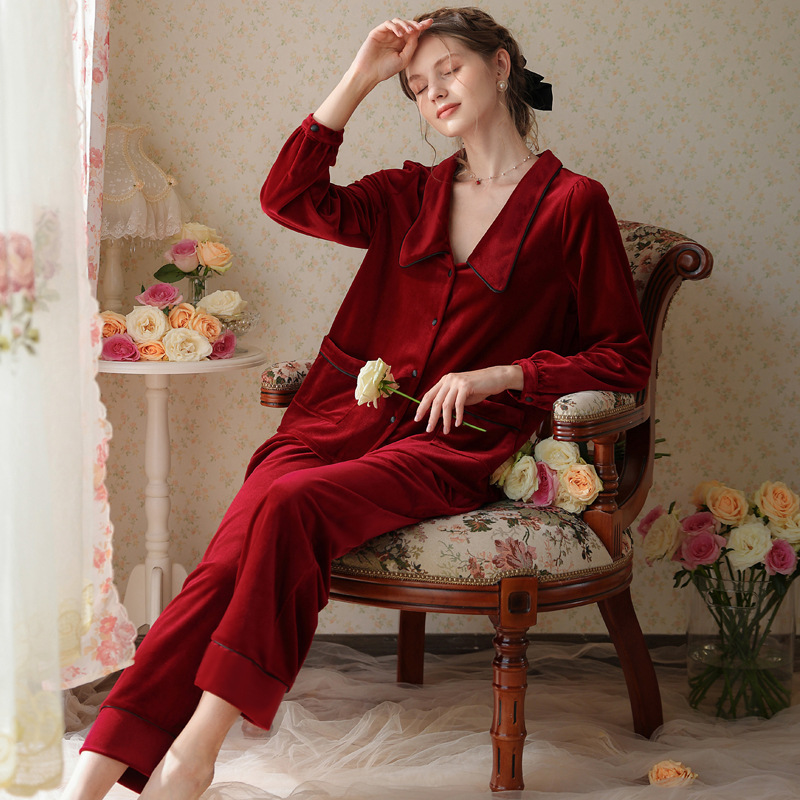 Cross-border Velvet Pajamas Long-sleeved Trousers Girls suit Cardigan Solid Color Autumn and Winter Thick V-neck Simple New Home Clothes