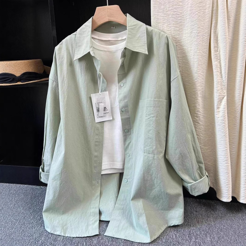 Korean Chic Chic Bean Green Pure Cotton Shirt with Lapel Layered Loose Cover-Up Slimming Look Long-Sleeved Shirt Thin Outer Wear