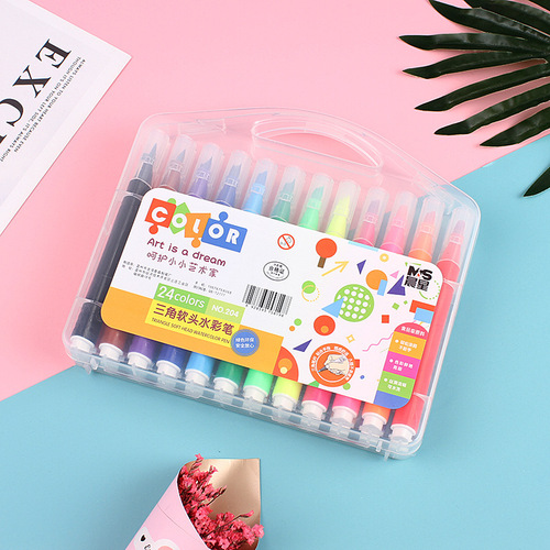 Cartoon Soft Tip Triangle Rod Watercolor Brush Set for Students, 12, 24, 36 Color Liner Brushes, Colored Drawing Pens