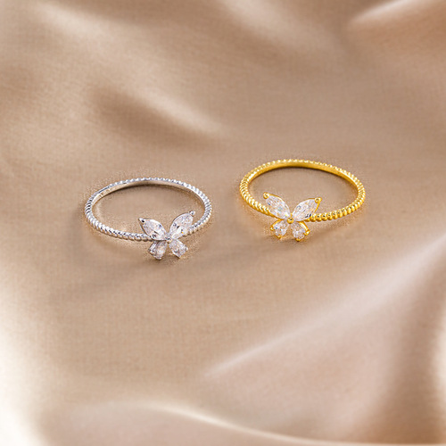 S925 sterling silver plated 14K gold zircon butterfly ring women's niche simple and slender temperament Japanese simple ring ins