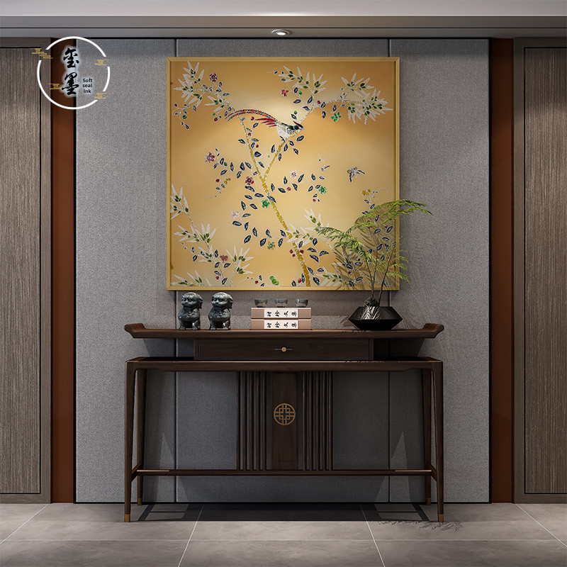 中式中国风玄关装饰画珐琅彩茶室花鸟客厅床头茶文化禅意方形壁画