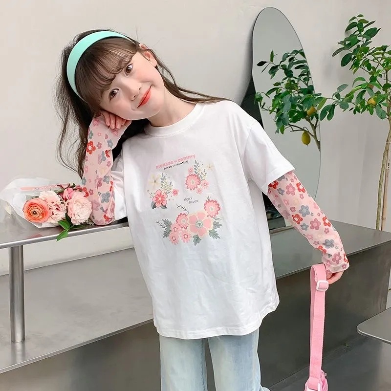 여자 여름 스플 라이스 선 스크린 슬리브 가짜 투피스 티셔츠 어린이 외국 스타일 반팔 스플 라이스 메쉬