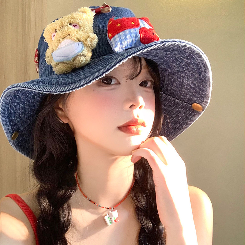 可爱小熊蝴蝶结牛仔渔夫帽女夏季大帽檐显脸小盆帽遮阳防晒帽子潮|undefined