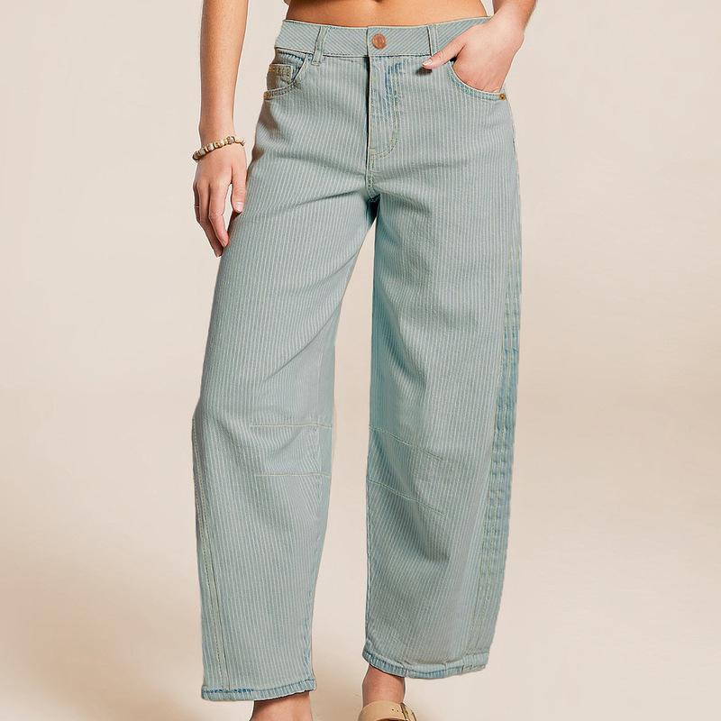Cross-Border Trade Amazon European and American Source Factory Tapered Wholesale Jeans Carrot Pants Women's Blue Striped Pants