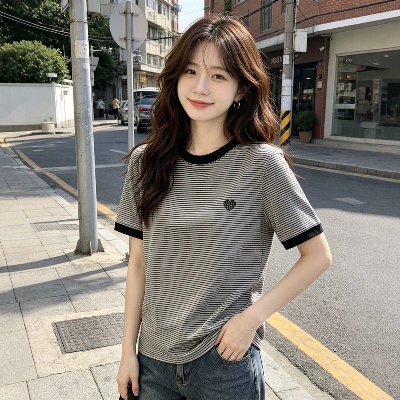 2026 New Short-Sleeve T-Shirt for Women, Summer Round Neck, Elegant Slim Fit, Exquisite Striped Embroidery, Trendy Women's Top 2026 New Short-Sleeve T-Shirt for Women, Summer Round Neck, Elegant Slim Fit, Exquisite Striped Embroidery, Trendy Women's Top