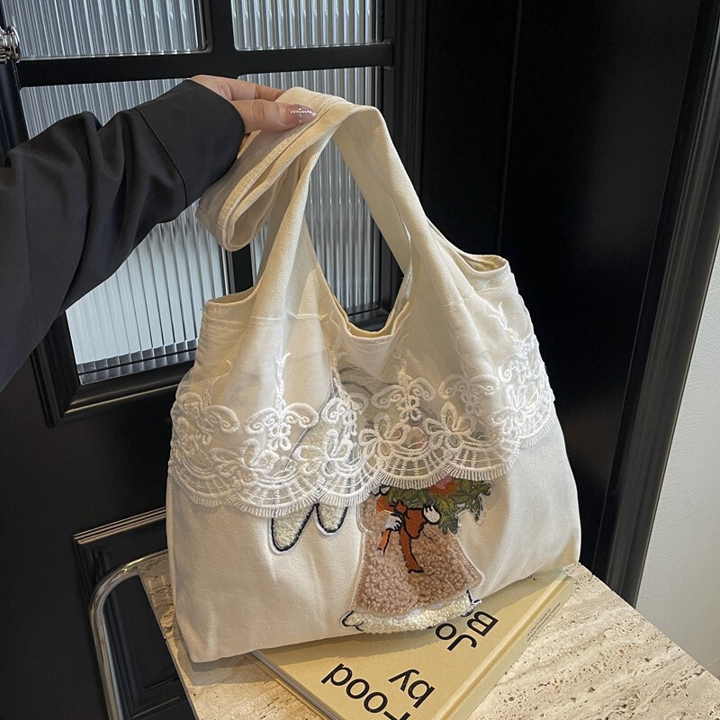 Cute Rabbit Bag Lace Shoulder Bag Large Capacity Canvas Bag Lazy Style Student Class Handbag for Women