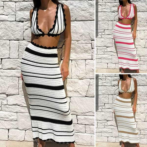 Aliexpress Amazon Seaside Beach Skirt New Textured Bikini Casual Vest Halter Top Long Skirt Suit