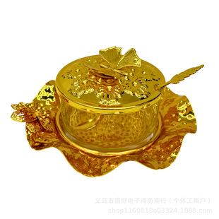 Cross-border Hot Sale Metal Electroplated Golden Sugar Jar Glass suit with Spoon Kitchen Light Luxury Flavor Jar Home Gift