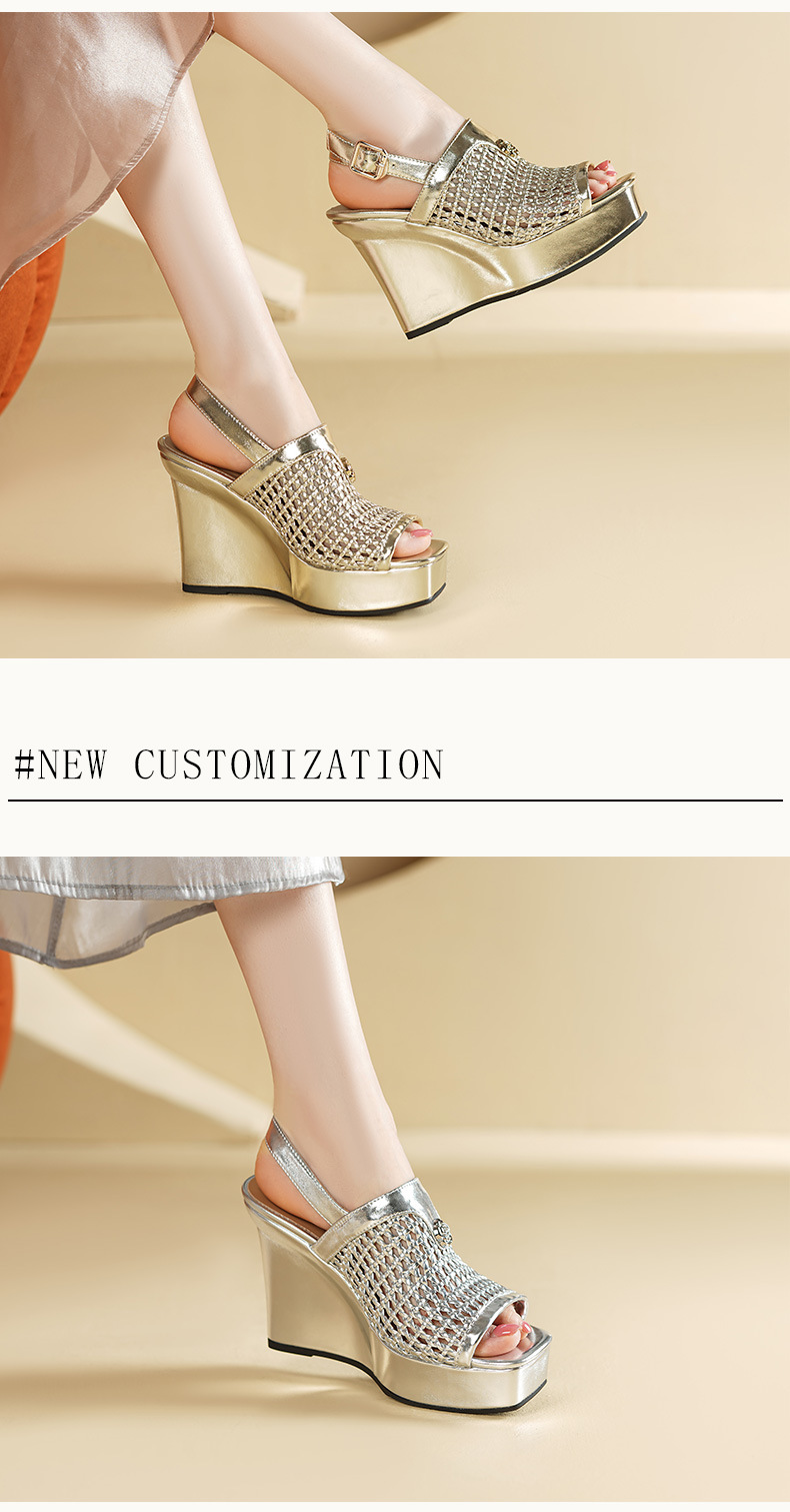Sandal cao gót nữ đế xuồng chống nước, mũi hở kiểu miệng cá, da thật đan dệt, gót 9 cm — vàng, bạc chi tiết 4