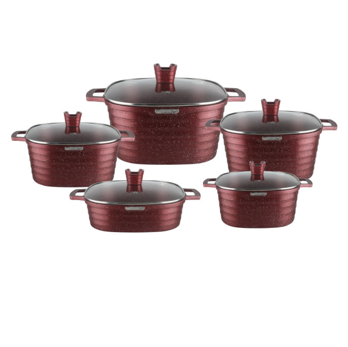 Juego de ollas cuadradas de 10 piezas para comercio transfronterizo, juego de ollas de aluminio fundido antiadherente, olla cuadrada para sopa con rayas horizontales, venta al por mayor
