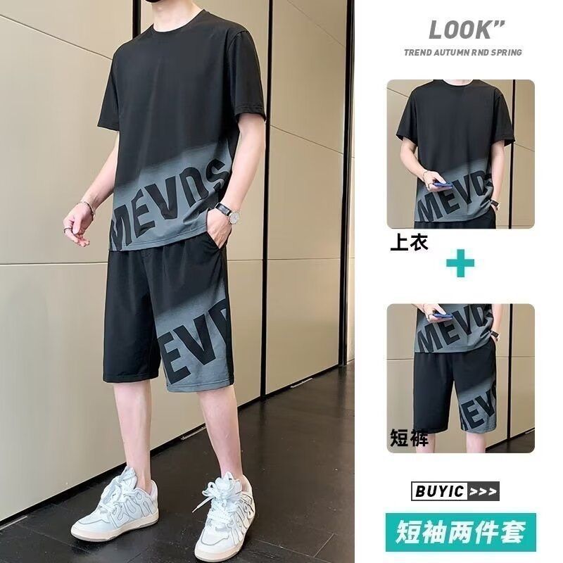 メンズ夏用アイスシルク薄手速乾服、半袖Tシャツ、ショートパンツ、カジュアルスポーツウェア、ハンサムな衣装のセット|undefined
