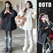 孕妇装秋冬新款时尚韩系日常百搭设计感菱格棉服外套娃娃裙中长款