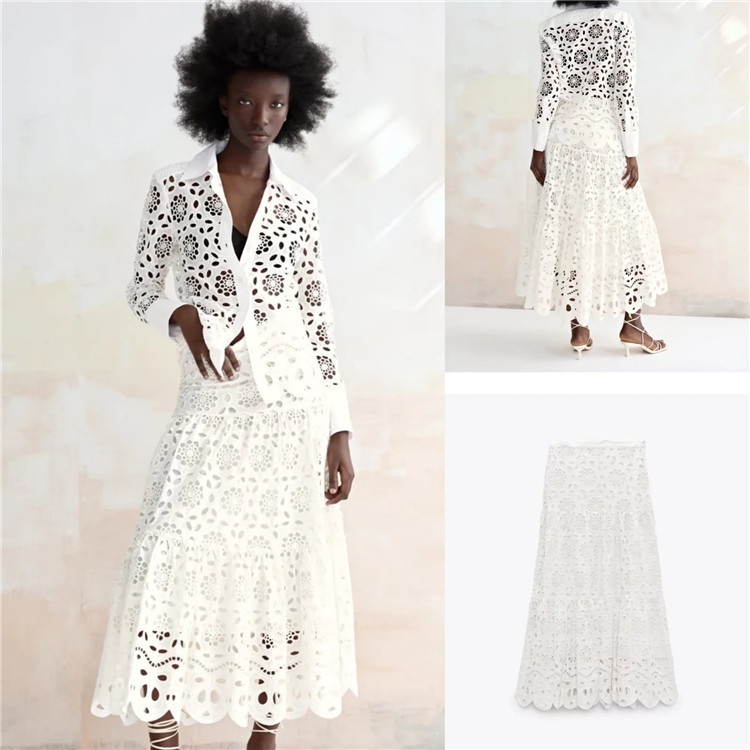 210g Weight Long Sleeve Sleeve Length Cotton and Linen Fabric Type Skirt Co-ord Set Sets Type One Piece Quantity Daily Occasion Shirt Collar Neckline Comfort Function Regular Fit Fit Type Solid Color Pattern Summer Season Women'S Gender Hollow Out Design Vacation Style Daily Women'S Vacation Solid Color Cotton And Linen Hollow Out Skirt Co-ord Set Skirt Sets