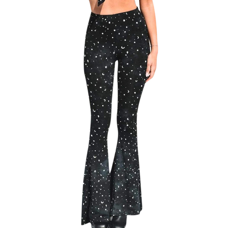 star and moon print elastic high waist bell-bottoms NSSWF117961