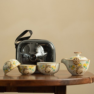 Ancient Tao Yuan Ru Kiln Cat Travel Tea Set Portable Quick Cup One Pot Three Cups Outdoor Portable Kung Fu Tea Set
