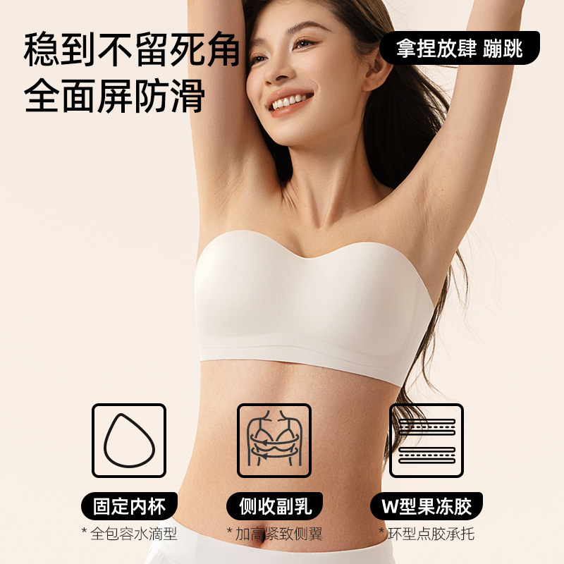 抗菌裸感稳稳杯防滑聚拢无肩带粉底液内衣女大胸显小运动外穿抹胸|undefined