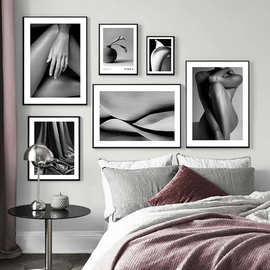黑白现代北欧个性人物人体美女性感装饰挂画客厅卧室无框画芯海报