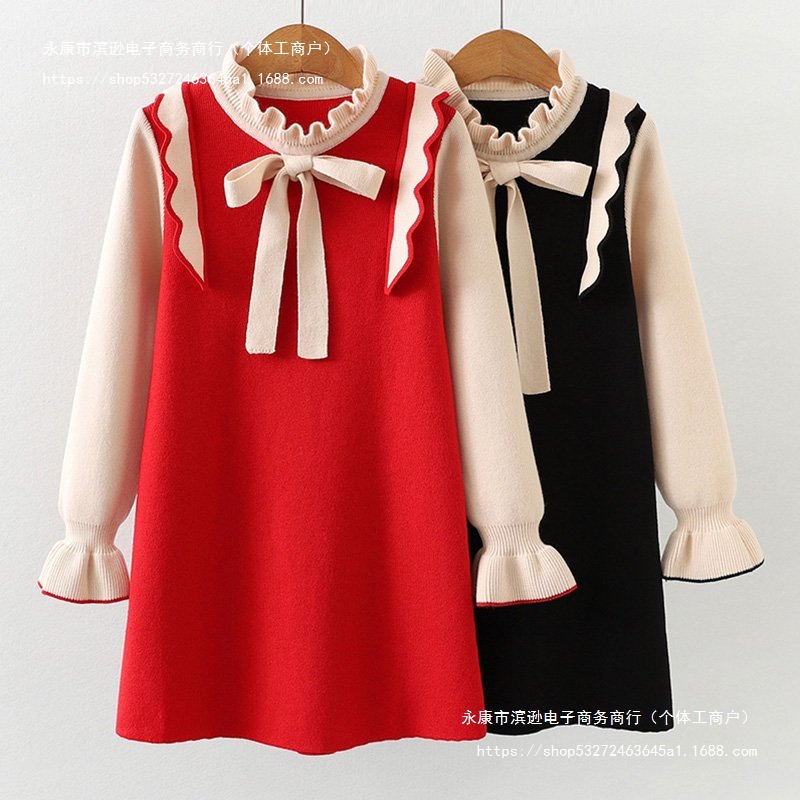 女童连衣裙春秋新款儿童针织毛衣公主裙子红色洋气毛衣裙潮