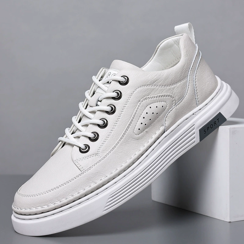 Мужская обувь 2023 Осень, новая модная универсальная повседневная кожаная обувь, дышащие кожаные кроссовки с мягкой подошвой, белые туфли в британском стиле