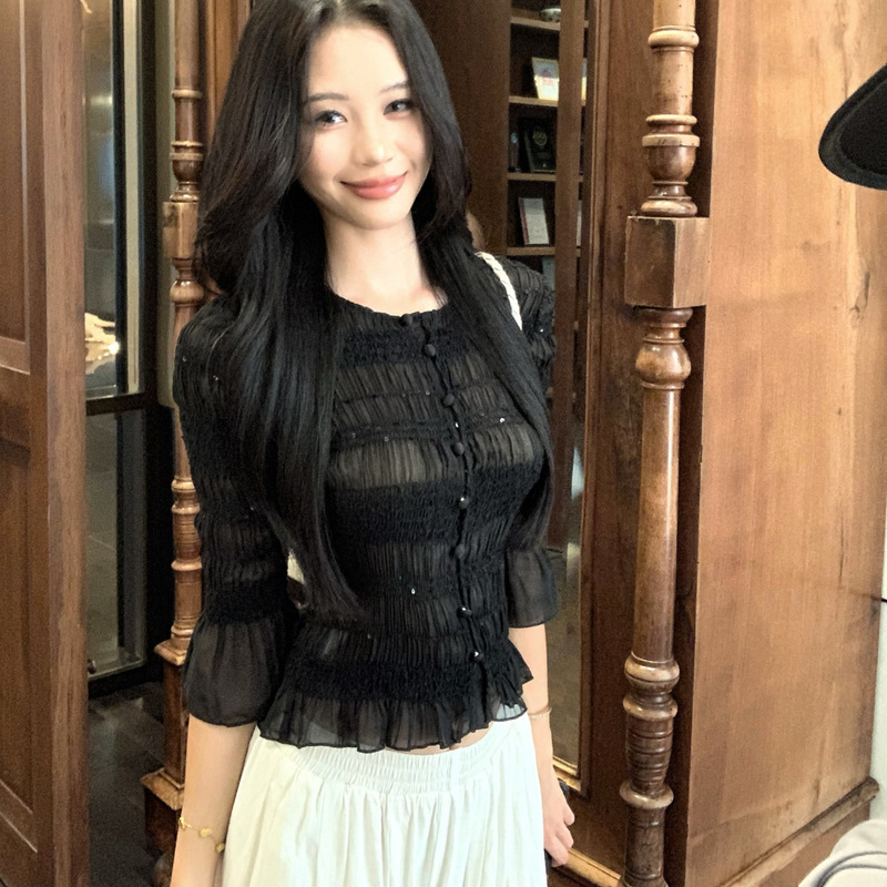 法式白色亮片圆领半袖衬衫女夏季设计感褶皱修身衬衣小众气质上衣|undefined