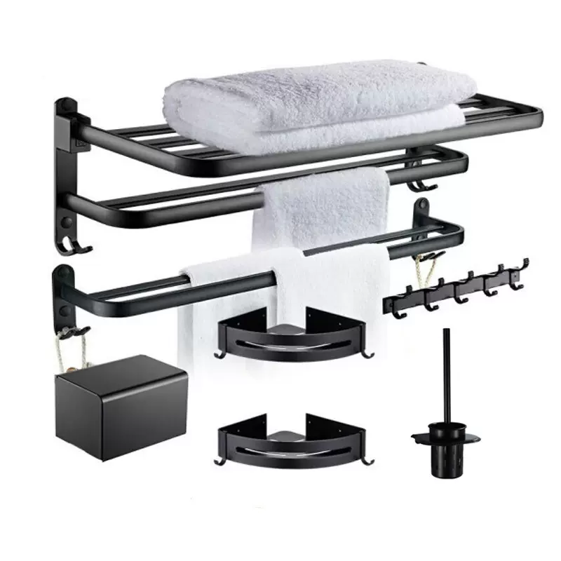 太空铝毛巾架套装全黑色浴室五件套挂件浴巾架免打孔壁挂式轻奢风
