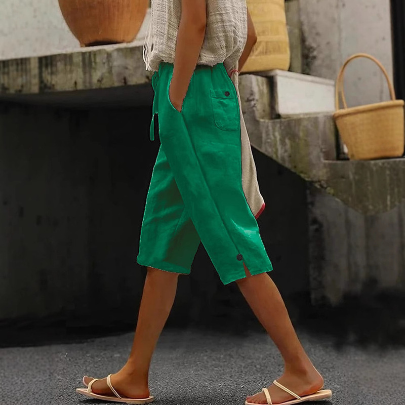 European and American Cross-Border Spring and Autumn New Women's Pants, Cotton and Linen, Solid Color, Fashionable Casual Daily Wear, Side Pockets, Drawstring, Elastic Waist, Cropped Pants European and American Cross-Border Spring and Autumn New Women's Pants, Cotton and Linen, Solid Color, Fashionable Casual Daily Wear, Side Pockets, Drawstring, Elastic Waist, Cropped Pants