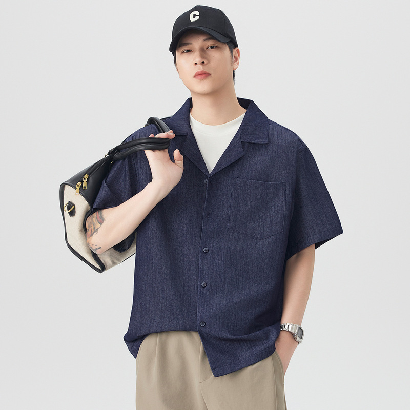 Workwear American Retro Style Collared Shirt, Old Money Style, Loose Fit, Cleanfit Shirt, Short-Sleeve Jacket for Men, Wholesale