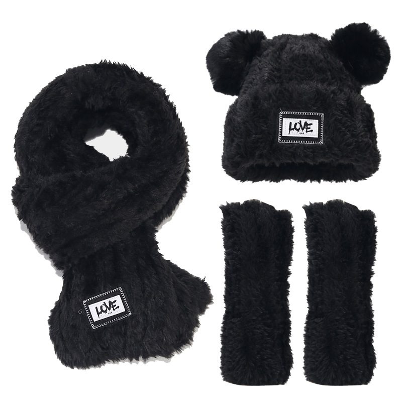 Koreaanse versie nieuwe label letter dubbele wollen bal gebreide muts sjaal handschoenen driedelige set voor herfst en winter buiten_voghion.com