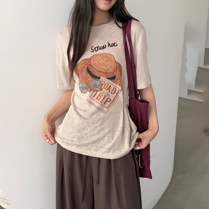 [Oufan] Hat Print Loose Short-Sleeved Round-Neck Tencel T-Shirt for Women Summer + Scarf Two-Piece Top Set 11375