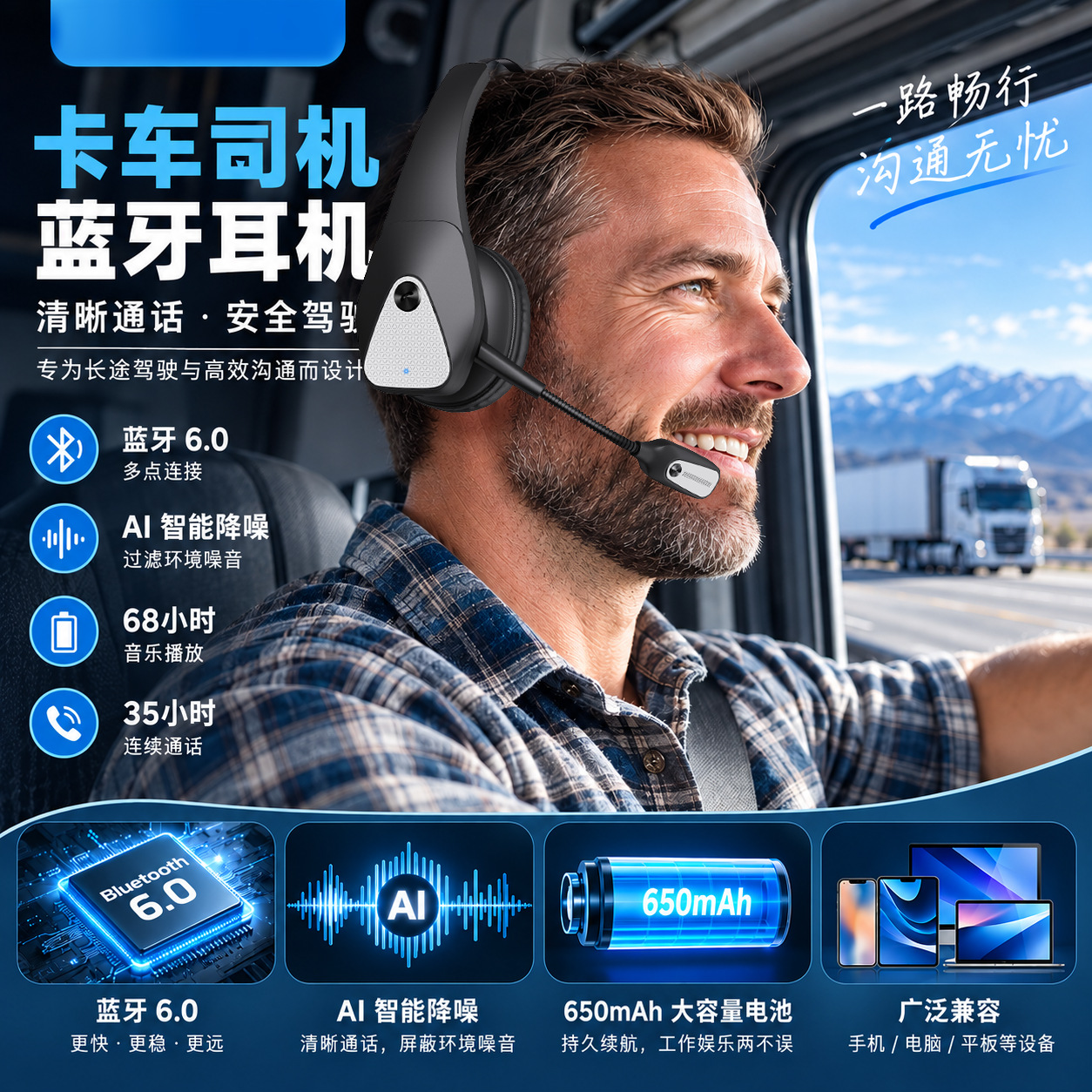 Bluetooth Headphones 2026 New Model Business Conference Noise Cancelling Truck Driver Long Battery Life Over-Ear Wireless Bluetooth Headphones