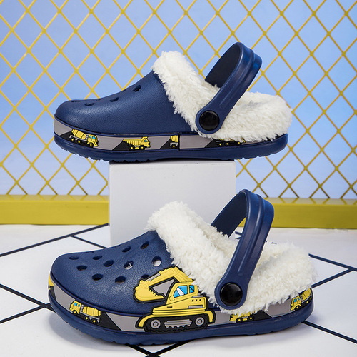 Fujian children's velvet hole shoes autumn and winter boys and girls EVA cotton slippers dinosaur excavator available