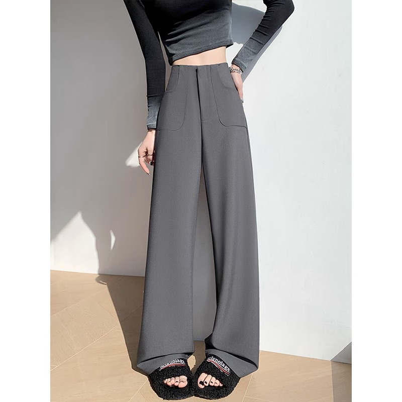Pantalones de piernas anchas grises para mujeres 2025 primavera nueva cintura alta relajada relajada pantalones casuales rectos pantalones de traje estrechos