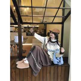 韩系费尔岛提花毛衣女小个子秋冬慵懒风高级感软糯针织衫外穿上衣