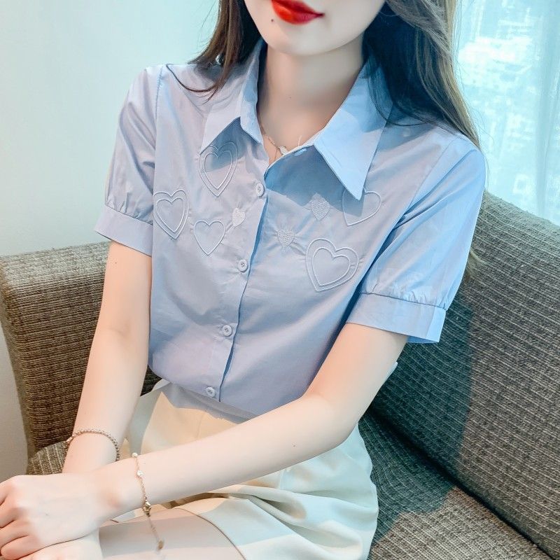 夏季2025年立体爱心刺绣经典翻领白衬衫短袖洋气衬衣女设计感小众
