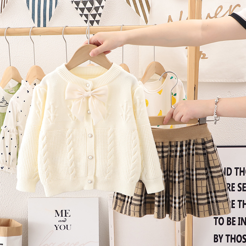 2023 neue kinder frauen Schatz Pullover Mädchen Gestrickte Bogen Rock Zwei Stück Set Modische_voghion.com
