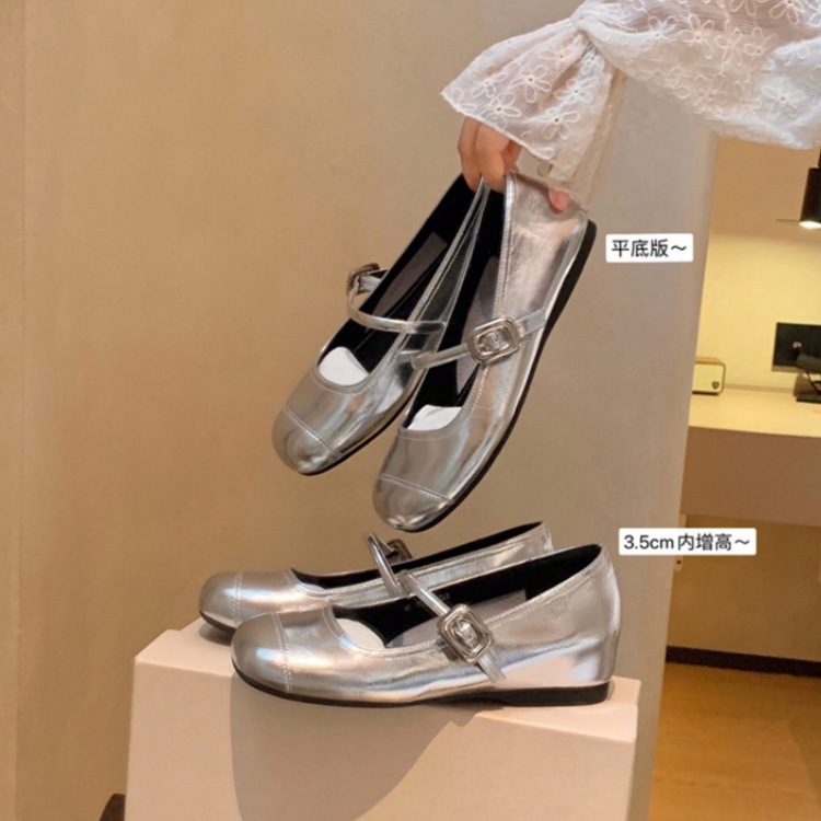 Sheepskin Version of Fashionable French Style with Hidden Height Increase ~ Genuine Leather Ultra-Soft French Square Buckle Flat Ballet Shoes for Women Mary Jane Shoes