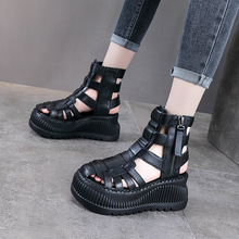 2025春夏新款真皮厚底凉鞋女镂空罗马凉靴子头层牛皮单靴松糕短靴