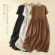 Real Shot 2024 Summer New Style Simple and Elegant Simple Cotton and Linen Dress Artistic Round Neck Mid-Sleeve Long Dress with Belt