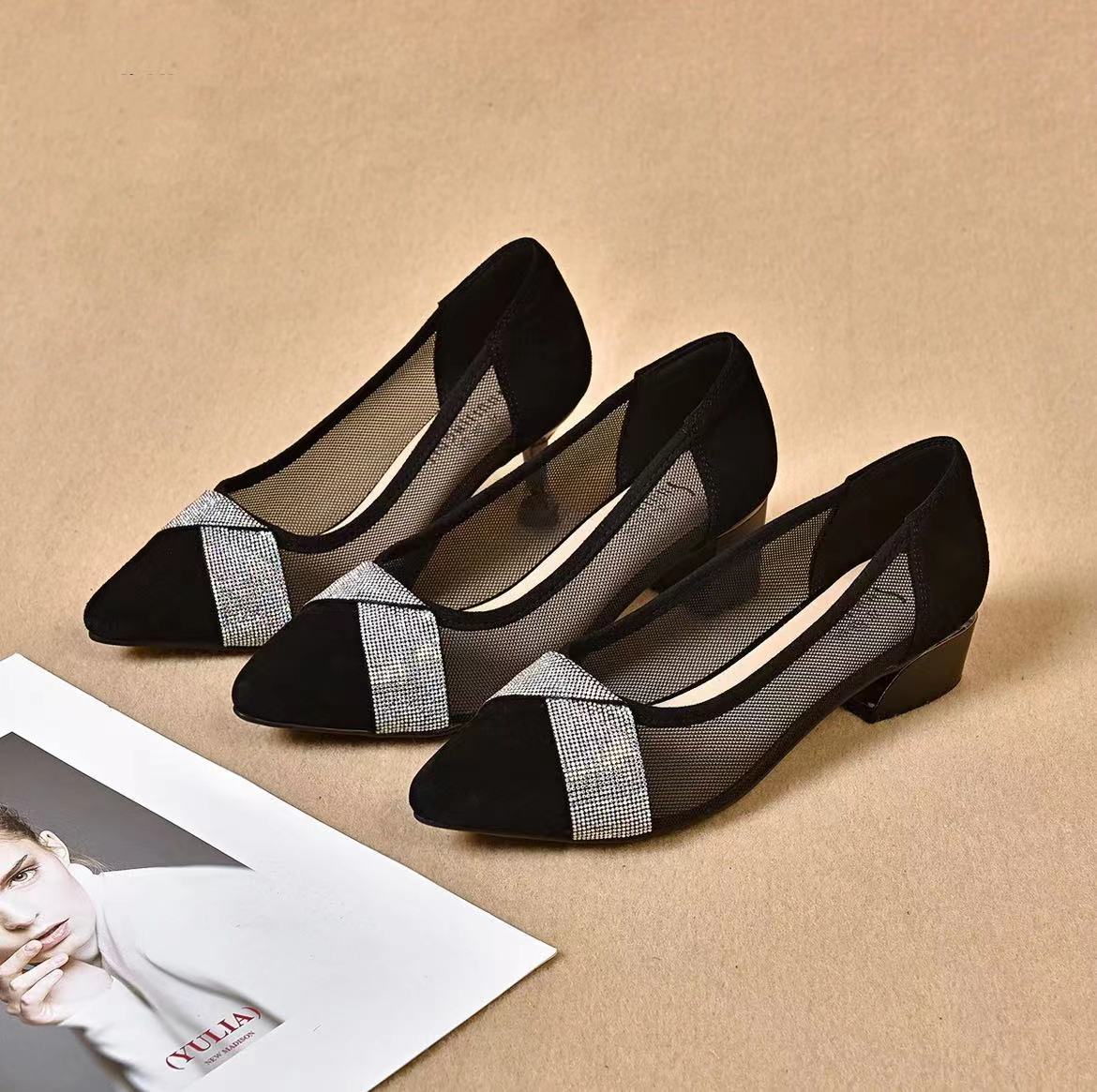 Giày da nữ mũi nhọn gót thấp 3 cm, kiểu hở mũi lưới thoáng khí — Gót thấp màu đen (3 cm) chi tiết 8