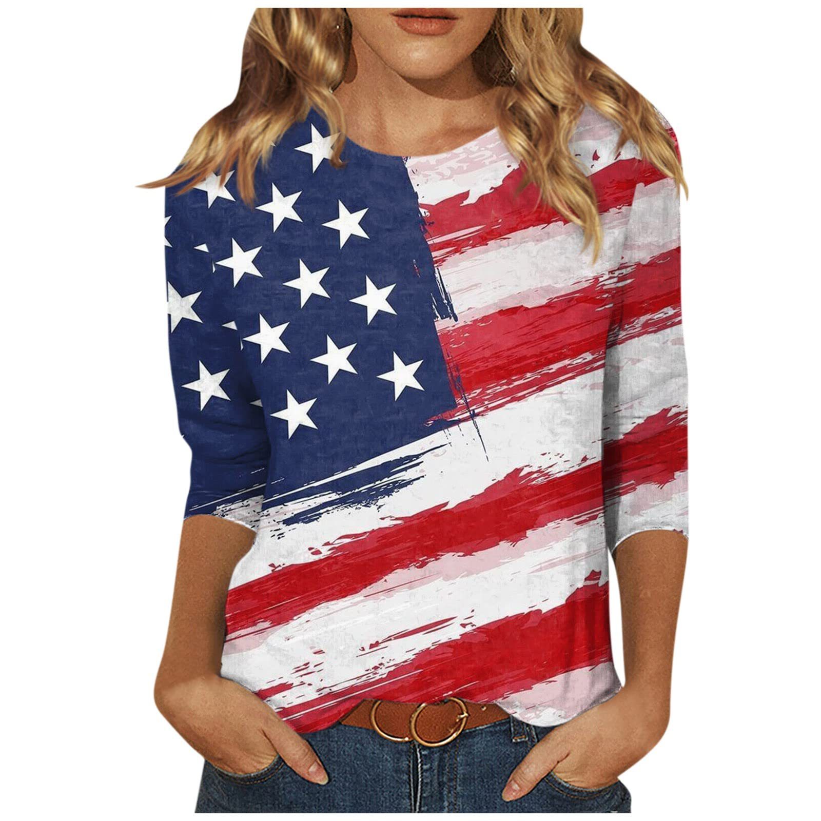 亚马逊 跨境 美国国旗  独立日旗帜  3D印花女装圆领T恤 7分袖T恤
