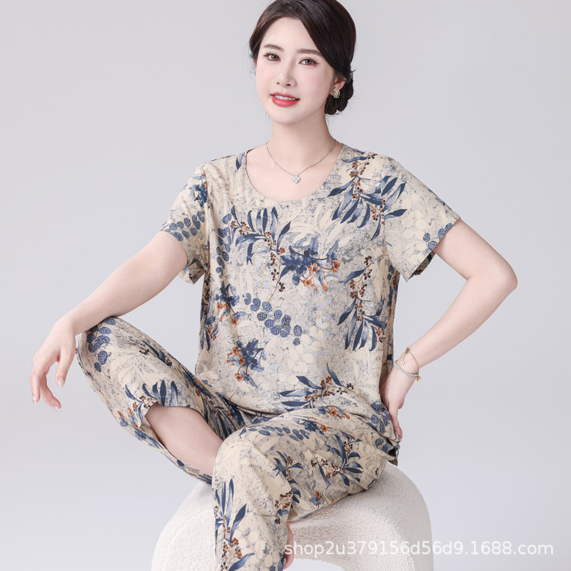 Middle-Aged and Elderly Cotton Silk Pajamas Summer Suit Mom Short-Sleeved Home Clothes Breathable Thin Artificial Cotton Silk Pajamas Middle-Aged and Elderly Cotton Silk Pajamas Summer Suit Mom Short-Sleeved Home Clothes Breathable Thin Artificial Cotton Silk Pajamas
