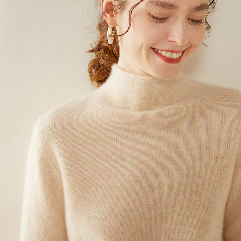 Ordos City Double-Layered Thickened Rolled-Edge Half-High Collar 100% Pure Cashmere Sweater for Women, Knitted Base Layer Sweater for Women