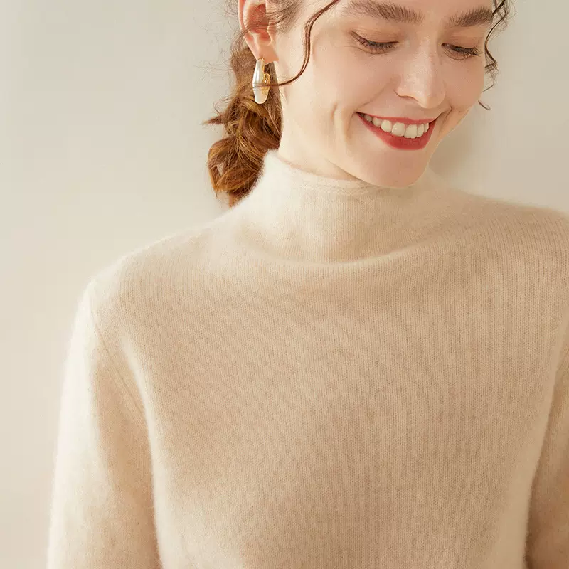 鄂尔多斯市双股加厚卷边半高领100%纯山羊绒衫女针织打底衫毛衣女
