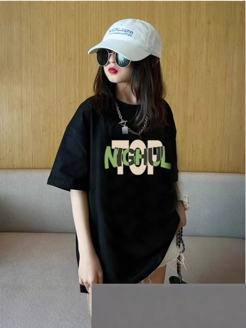 Girls Loose Printed T-Shirt Summer Black Letters